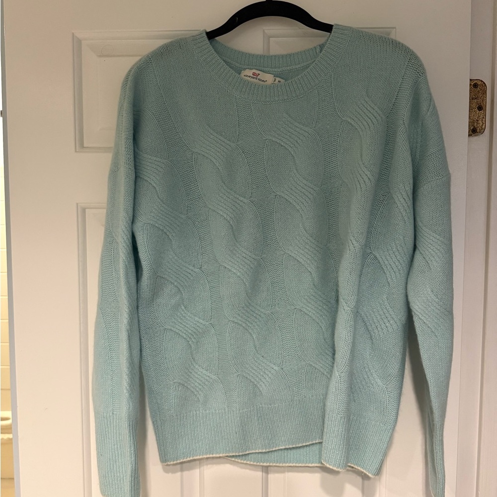 Vineyard Vines Light Green Blue Crew Neck Cashmere Cable Sweater